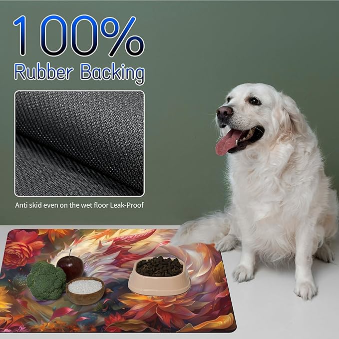 Dog Food Mat, 15.7" x 23.6" Absorbent Pet Feeding Mat for Food and Water, Waterproof Diatom Mud Pet Placemat with Non-Slip Rubber Backing, Cat Bowl Mat for Floors - Pink White Dragon