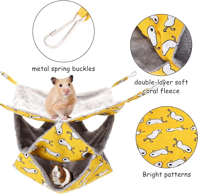 3 Tier Pet Hammocks for Cage, Ferret & Guinea Pig Accessories, 13.7x13.7 Inches, Rat Beds Hammock Hanging Bunkbed for Small Animals, Ferret, Kitten, Squirrel, Chinchilla, Parrot (Yellow)