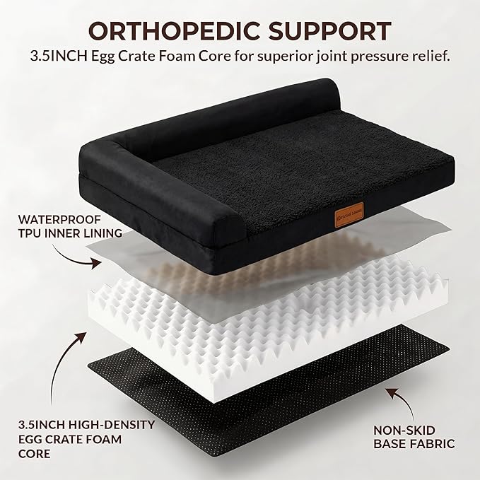 Patas Lague Orthopedic Dog Bed Medium Size Dog 30''X20'', Waterproof L Bolster Medium Pet Sofa Beds with Removable Washable Cover, Soft Comfortable Pet Couch Crate Mat with Nonskid Bottom, Black