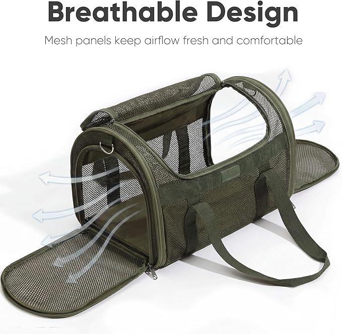 FUKUMARU Cat Carrier, Light & Airy Pet Carrier, 18x11x11 Airline Approved Dog Carrier for Small Dogs, Collapsible Soft Cat Travel Carrier with Anti-Scratch Mesh, Green