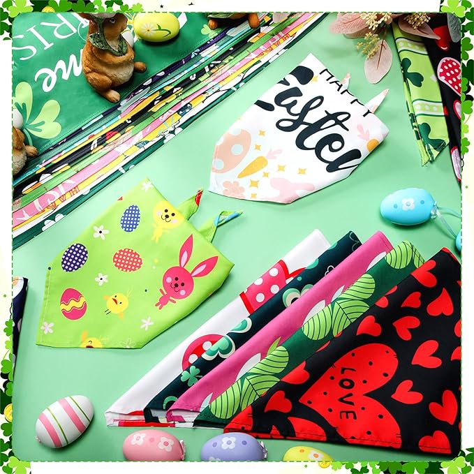 Huhumy 100 Pcs Easter Seasonal Dog Bandanas Easter Valentines Day St. Patrick's Day Theme Pet Bandanas Bulk Holiday Triangle Pet Bibs Scarf for Medium Large Dog Spring Festival Costume Decor