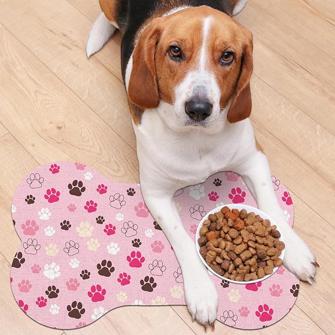 Pet Dog Cat Food Mat, Absorbent Bone Shaped Dog Bowl Mats for Food and Water, Non Slip Cute Dogs Cat Placemats Feeding Mat with Rubber for Floors Indoor Puppy Pet Accessories Supplies 17"x30" Pink