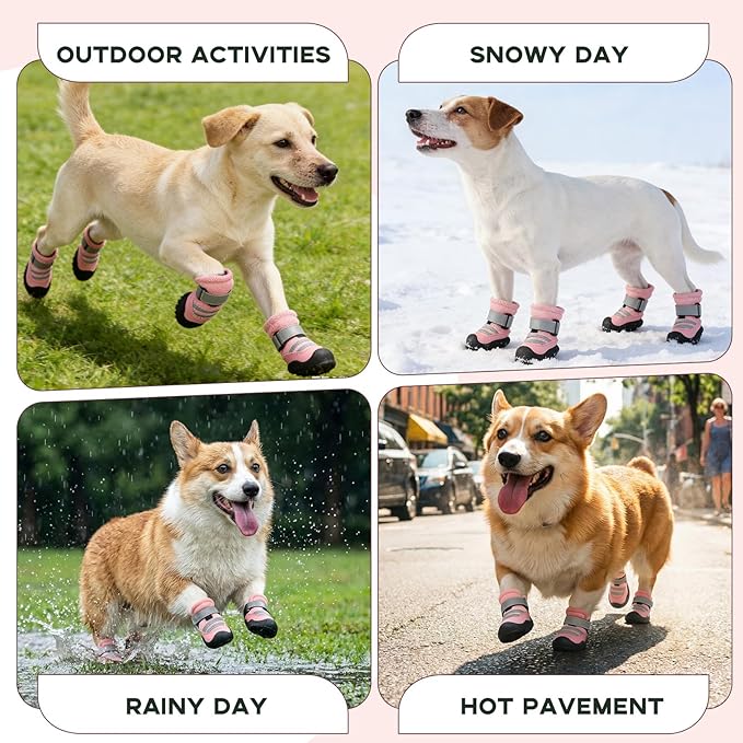 Dog Boots, Waterproof Dog Shoes with Reflective Straps, Rugged Anti-Slip Sole Paw Protectors for Medium Large Dogs, Breathable Pet Booties for Hot Pavement, Snow, Hiking, 4Pcs
