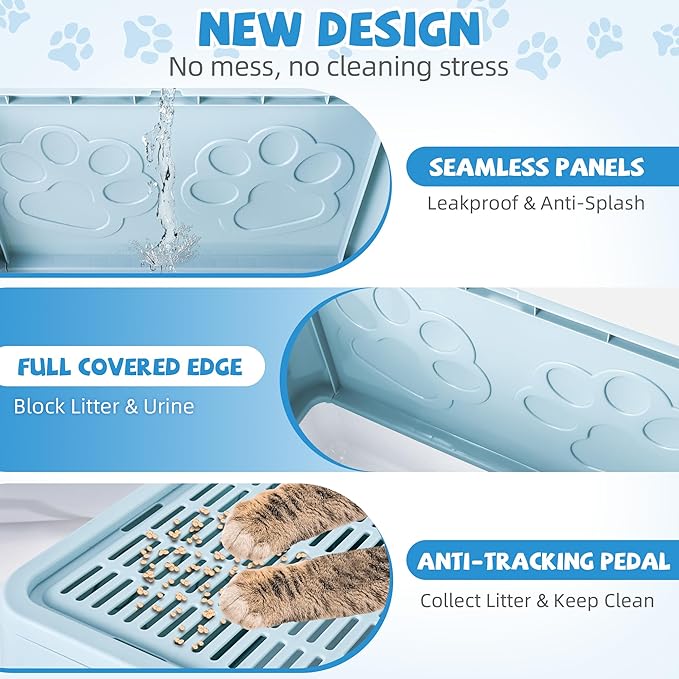 Covered Cat Litter Box with Litter Mat, Foldable Extra Large Dual Entry Adjustable Door, Drawer Design Enclosed Kitty Litter Box, Odor Control Anti-Splashing Easy Cleaning(Blue)
