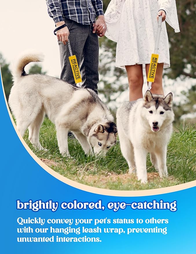  Reactive Not Aggressive Dog Leash Wrap - Funny Yellow Alert Velcro Sleeve, Do Not Pet Patch, Dog Owner Birthday Gift