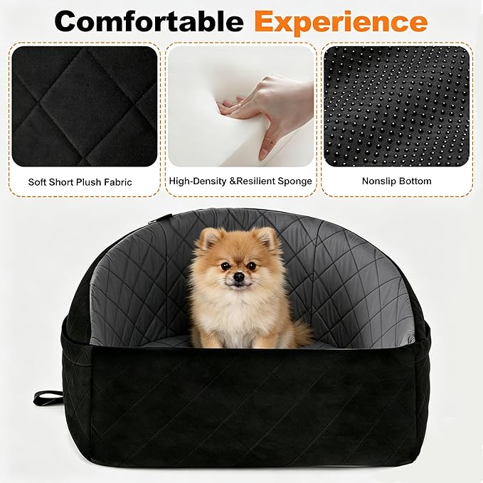 Dog Car Seat for Small Medium Dogs, Dog Booster Seat Travel Bed for Small Dogs up to 30 lbs, for Front/Back Seats – Washable Pet Car Seat with 2 Pockets (Black/Gray)