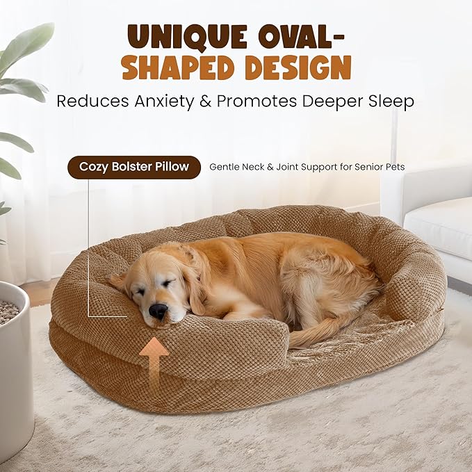 Orthopedic Dog Bed for Extra Large Dogs, XXL 52 Inches Oval Pet Bed with Memory Foam, Removable Washable Cover, Bolstered Sides, Non-Slip Bottom, Designed for Senior Dogs, Camel