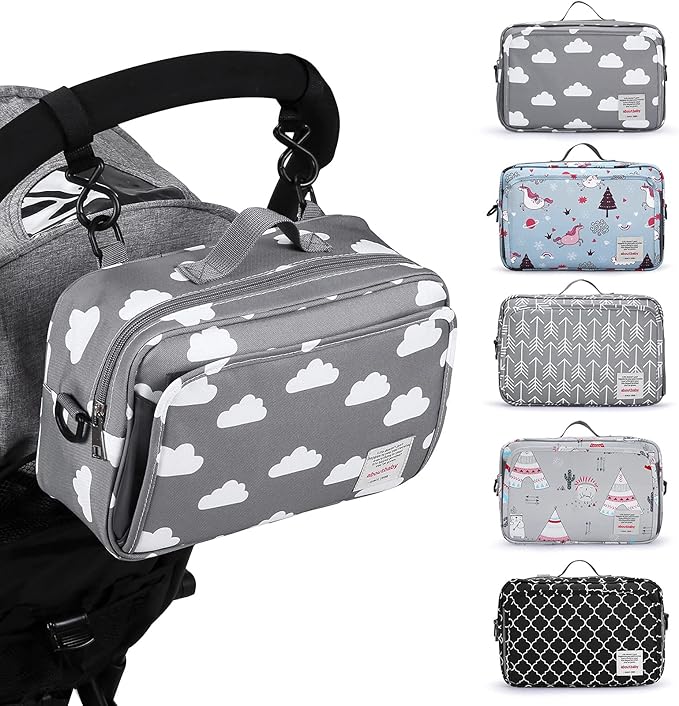 GOGOSO Small Diaper Bag, Stroller Organizer Bags for Baby with Insulated Pocket, Stroller Hooks and Adjustable Strap,Universal Mini Diaper Tote Bags Fit All Strollers, Gray