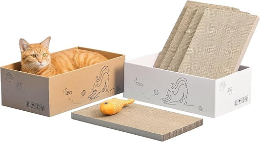 5-Pack Double-Sided Cat Scratchers with Box & Fish Toy - Reversible Cat Scratch Pad for Indoor Cats, Durable Corrugated Cardboard Cat Scratcher for Cats to Rest and Play, Furniture Protector
