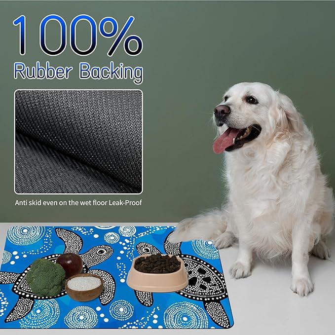 Dog Food Mat, 19.6" x 23.6" Absorbent Pet Feeding Mat for Food and Water, Waterproof Diatom Mud Pet Placemat with Non-Slip Rubber Backing, Easy Clean Cat Bowl Mat for Floors - Black Turtle
