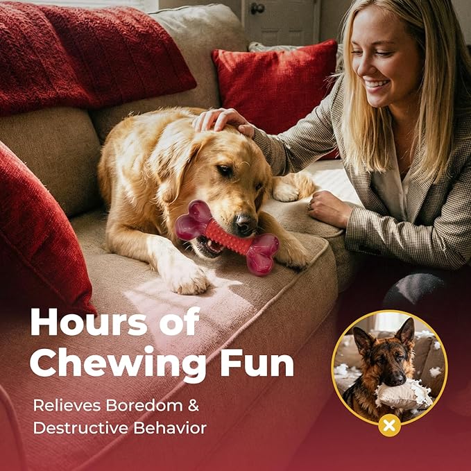3-Pack Tough Dog Toys for Aggressive Chewers: Beef Flavored Long Lasting Dog Bones for Large Dogs, Heavy Duty Nylon & Rubber Dog Chew Toys to Keep Them Busy, Medium & Large Breed, Red