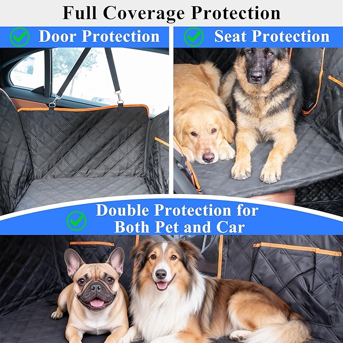 Hard Bottom Back Seat Extender for Dogs, Waterproof Dog Car Seat Cover with Joint-friendly Sponge Pad, 600 lbs Support Dog Hammock with Mesh Window, Universal Fits Sedan, SUV(Black & Orange)