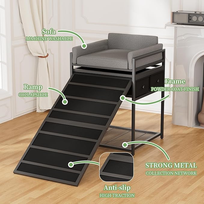 kepptory Dog Window Perch with Stairs and Storage, Bunk Dog Bed with Folding Pet Ramp for Dogs Cats, Pet Sofa Chair with Pet Stairs Ramp for Office