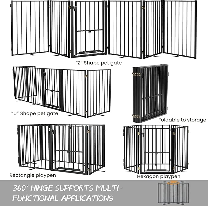 Metal Freestanding Dog Gate with Cat Door for Outdoor & Indoor,60" Extra Wide Foldable Pet Fence,30" Tall Free Standing Dog Gate for RV Camping,Stairs,Hallways,Doorways,Deck,Yard (3 Panels,Black)