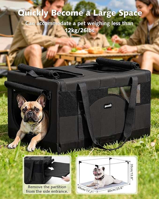 Pecute Dual Compartment Pet Carrier for Multi-Cat Families & Small Dog Owners, Collapsible Dog Crate with Reinforced Steel Frame, Car Safety Design for Travel, Vet Visits & Home Use, Dark Gray