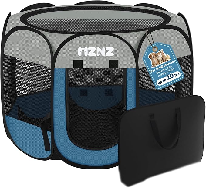 Dog Cat Playpen, Portable Small Animal Playpen Crate Indoor for Dogs Cats Rabbits, Foldable Guinea Pigs Bunny Cage Enclosure Outdoor, Pop Up Dogs Cats Tent Kennel with Carrying Case, Grey Blue