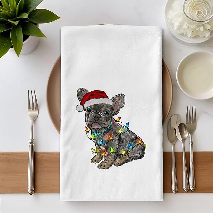 French Bulldog Kitchen Towels - Frenchie Navidad Christmas Xmas Decor, French Bulldog Lovers Gifts, Frenchie Navidad Hand Towels Dish Towels for Kitchen Bathroom, 16x24 Inch