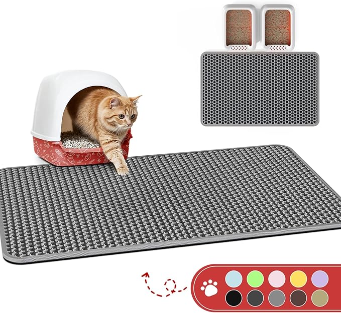 Cat Litter Mat - 30'' x 24'' Large Litter Trapping Mat, Easy to Clean Litter Box Mat, Waterproof, Urine-Proof, Non-Slip, Cat Toilet Training Systems Accessories, Grey