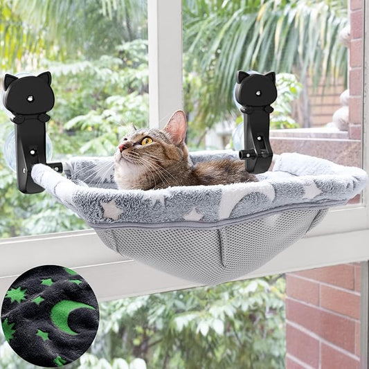 JUNSPOW Cat Window Perch Cordless, Glow in The Dark & Stable Cat Beds- Breathable Window Hammock for Overlooking, Sunbathing and Climbing - Maximum Hold Up to 40lb(Grey)