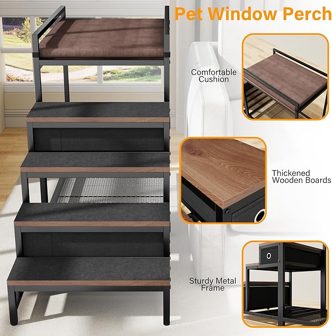 kepptory Pet Bunk Bed with Stairs and Storage, Pet Window Perch with Seat Cushion, Bedside Dogs Cot for Small, Medium Cats & Dogs, Pet Stairs Ramp(Brown)