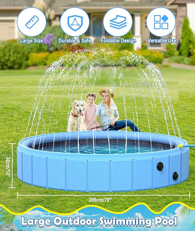 EPN 79” Foldable Dog Pool with Sprinkler, Large Collapsible Pet Pool for Dogs, Heavy Duty PVC & PP Portable Dog Swimming Pool, Non-Slip Outdoor Bathing Tub & Kiddie Pool for Backyard Summer Play