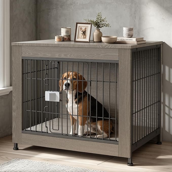 Wooden Dog Crate Furniture, 27in Dog Cage Furniture with Slide Safety Latch, Indoor Decorative End Table for High Anxiety Dogs, Furniture Style Dog Crate for Small to Medium Dogs, Greige
