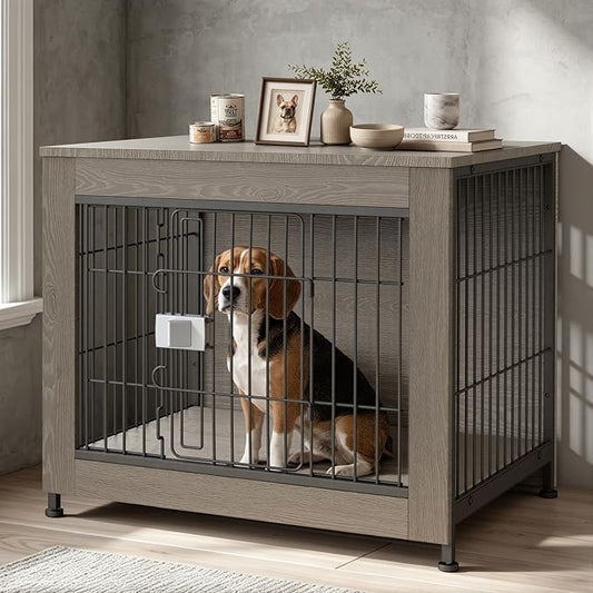 Wooden Dog Crate Furniture, 27in Dog Cage Furniture with Slide Safety Latch, Indoor Decorative End Table for High Anxiety Dogs, Furniture Style Dog Crate for Small to Medium Dogs, Greige