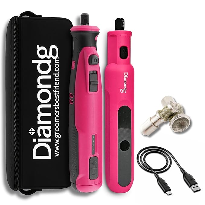 Diamondg Cordless Dog Nail Grinder with Quiet Sound & LED Tip for Large & Small Dogs, 4hrs. Runtime, 2 Bits Included, Pink