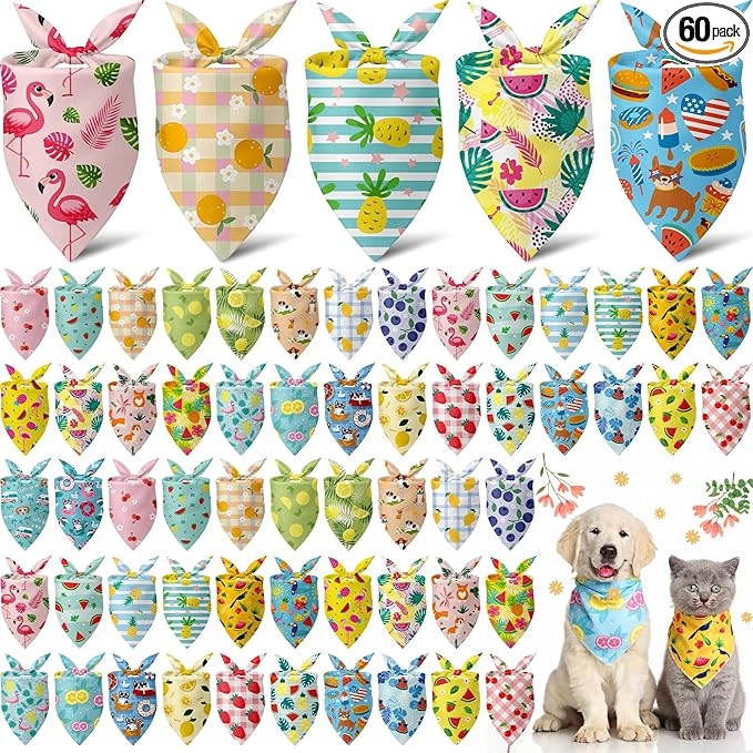 Sanwuta 60 Pcs Dog Bandanas Summer Fruit Dog Bandanas Bulk Adjustable Pet Bibs Triangle Scarf Cat Costume for Small to Large Pet (Fruit Pattern, Medium)