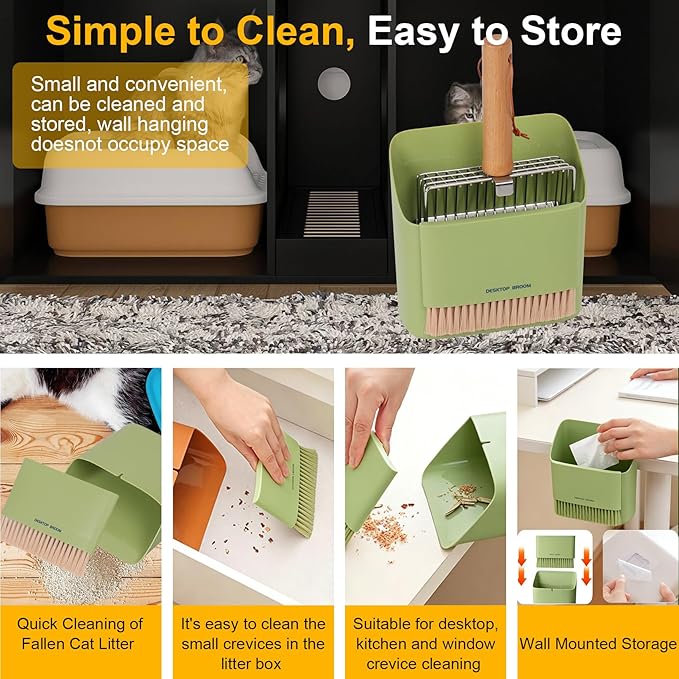 Dreamoon Cat Litter Scoop with Holder, Heavy Duty Stainless Steel Kitty Litter Scooper with Coarse and Fine Mesh, Includes Broom and Dustpan Set, Quick Sift and Easy Clean, Green