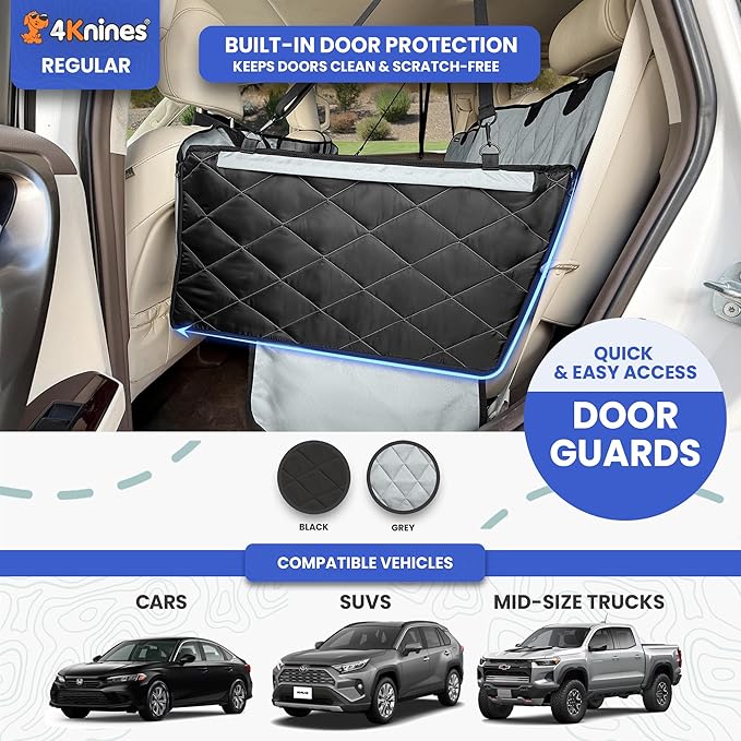 4Knines Back Seat Extender for Dogs, Hard Bottom Waterproof Backseat Protector with EZ Door Guard (Grey, Regular)