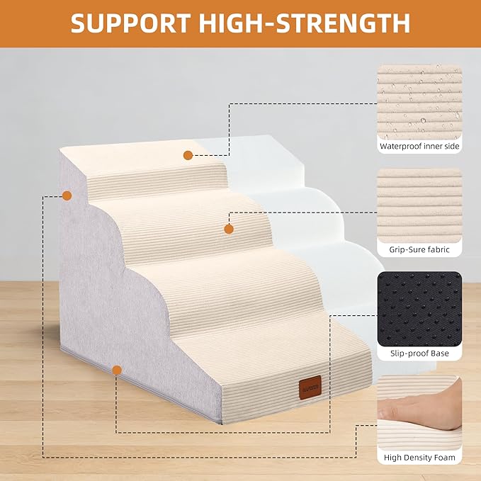 Dog Stairs for Small Dogs and Cats, 19.7" H, 4-Step Curved Pet Ramp for Beds or Couches, Non-Slip Medium Pet Steps with High Density Foam, Beige