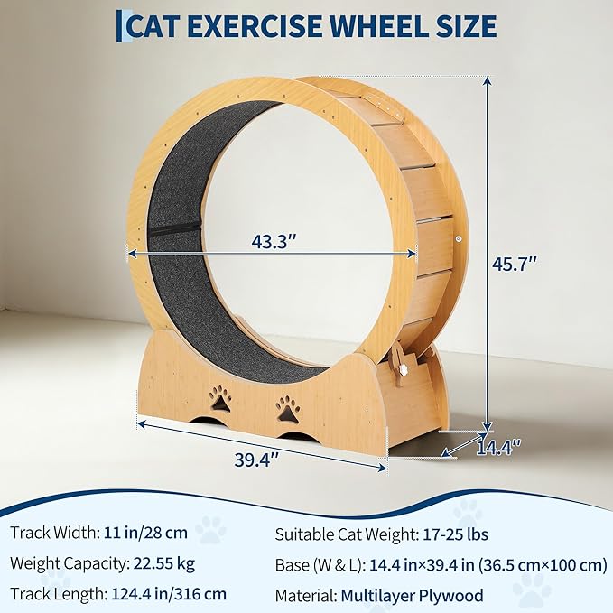 GarveeLife Cat Exercise Wheel, Wooden Cat Running Treadmill with Carpeted Runway for Indoor Cats, Low Noise Removable Carpet Cat Wheel for Kitty Running Walking Training