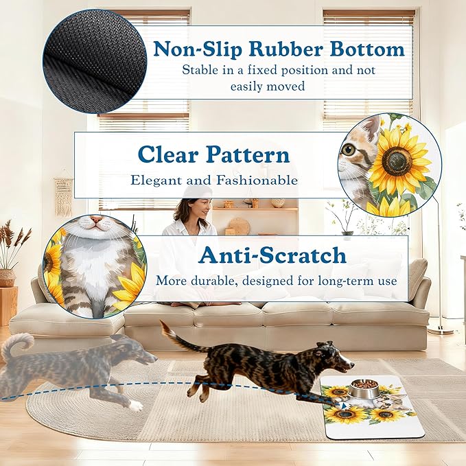 Cute Cat Sunflower Pet Feeding Mat for Floors–Absorbent Quick Dry Dog Cat Bowl Mat for Food and Water, Non Slip Waterproof Base, Mess-Free Feeding Accessories 12"x20"