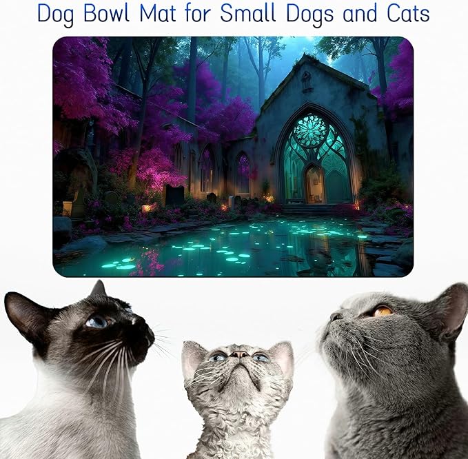 Dog Food Mat, 15.7" x 23.6" Absorbent Pet Feeding Mat for Food and Water, Waterproof Diatom Mud Pet Placemat with Non-Slip Rubber Backing, Cat Bowl Mat for Floors - Purple Tree Forest