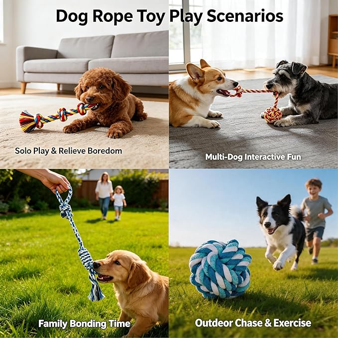 4-Pack Cotton Rope Dog Toys for Small-Medium Breeds, Puppy Teething Chews, Durable Tug-of-War & Fetch Toys for Indoor/Outdoor Play, Aggressive Chewers, Boredom Relief, Teeth Clean