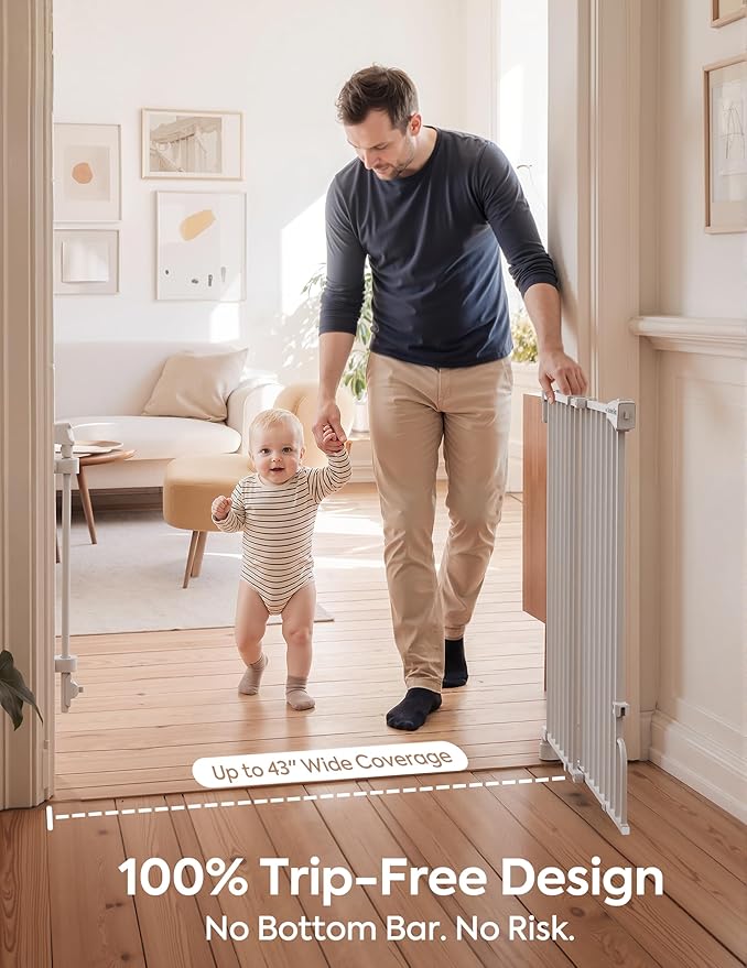Babelio Removable & No Bottom Bar Baby Gate, 29-43" Hardware Mounted (Drill Needed)| Wide Walk-Thru| Auto-Close Safety Dog/Pet Gate for Stairs & Doorways (White, 29-43" W, 30" H)