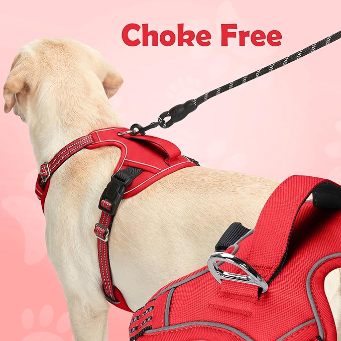 Funfox Dog Harness No Pull, Adjustable Pet Vest Harness, Super Soft Material with Vertical Handle Easy Control, Reflective Night Walking, 2 Leash Clips for Medium Sized Dogs, Red, M
