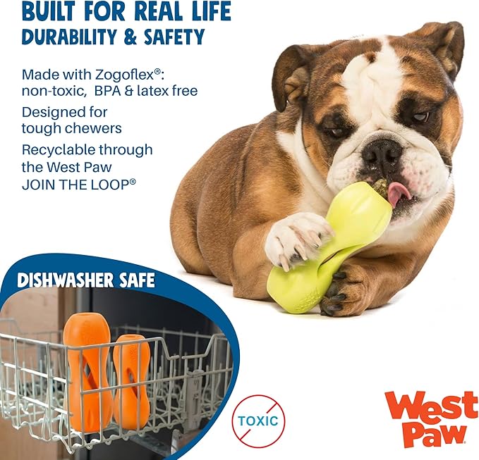 West Paw Qwizl Durable Zogoflex Dog Puzzle Toy for Mental Stimulation, and Enrichment - Treat Dispensing for Bully Sticks and Dental Sticks - Dishwasher Safe - Made in USA - Large - Aqua