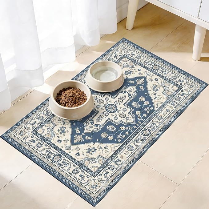 Pet Mats for Food and Water, Vintage Blue Boho Dog Food Mat for Floors, Non Slip Indoor Quick Dry Cat Bowl Feeding Mats (16.9” X29.9”)