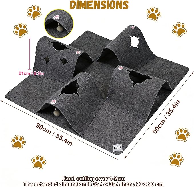 Cat Tunnel Play Mat for Indoor Cats, Felt Interactive Pet Toy with Hidden Ball, Enrichment Activity Rug, Collapsible Cave for Kittens & Small Pets (Dark Gray)