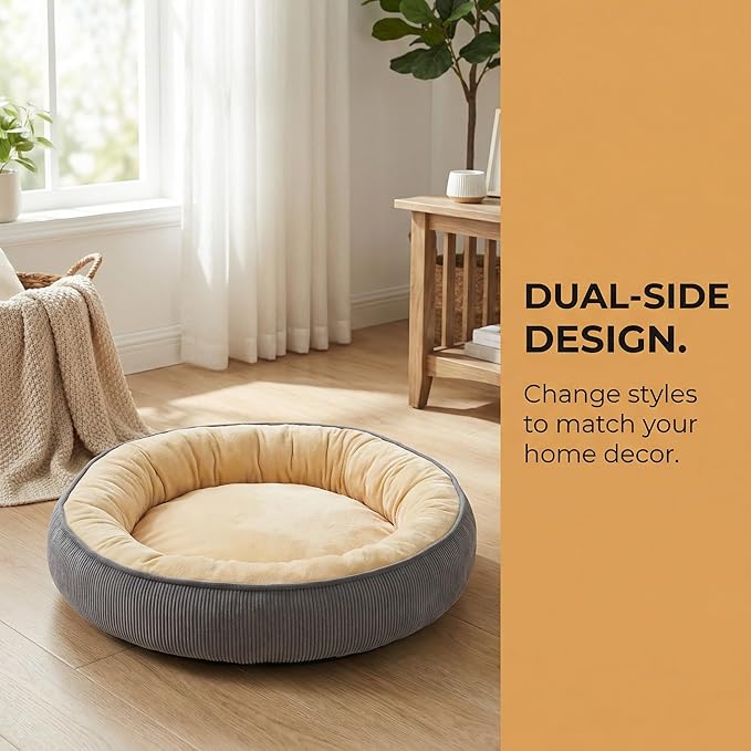 Calming Dog Bed for Small Dogs 16"x20" - Washable Donut Pet Bed with Anti-Slip Bottom, Soft Puppy Bed for Indoor Kittens and Cats with Removable Cover (Beige)