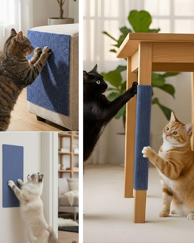 Corner & Wall Cat Scratch Mat, Self-Adhesive Trimmable Cat Scratcher, Wall Mounted Scratching Pad for Indoor Cats, Sofa Furniture Protector, Cat Post Cover Replacement (Blue, 23.6''x11.8'', 3-Pack)