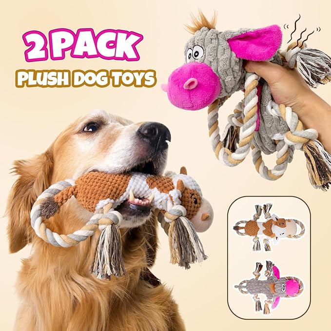 Squeaky Dog Toy Set - 2-Pack Crinkle No Stuffing Plush Dog Toys with Rope for Small to Large Dogs, Interactive Toys for Tug Play