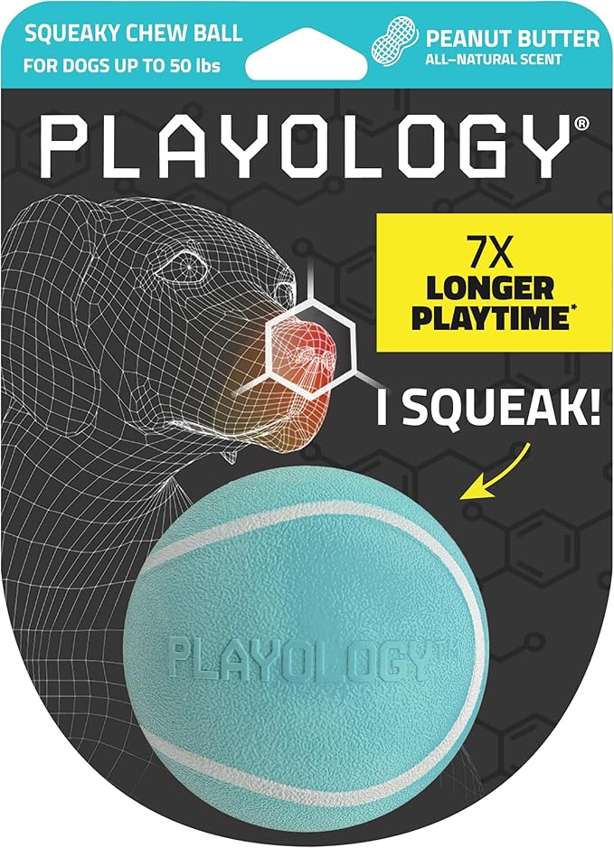 Playology Dog Toys | Squeaky Chew Ball for Dogs | Peanut Butter Scented Medium Dog Ball | Bouncy Floating Chew Toys for Fetch