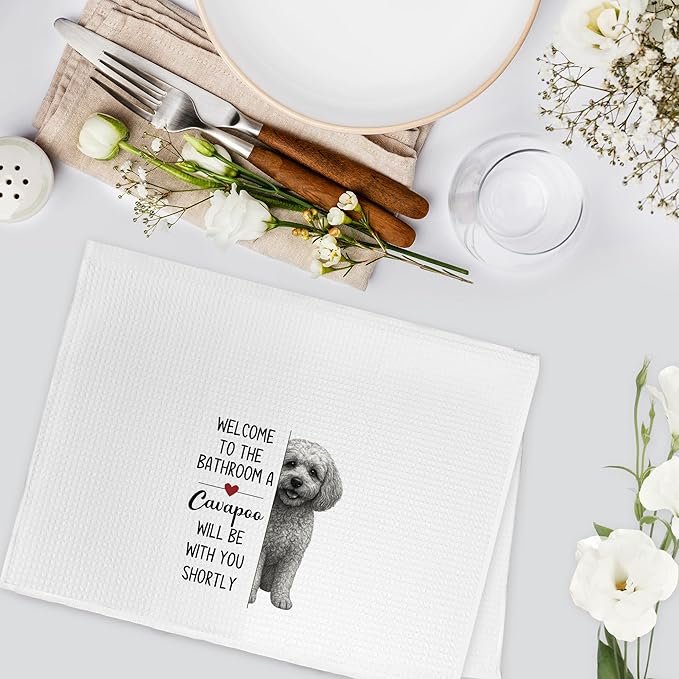 Funny Cavapoo Dog Gifts Hand Towels, Welcome to The Hand Towels for Bathroom, a Cavapoo Will Be with You Shortly Dish Tea Towel for Kitchen Bathroom Decor, Dog Lover Gifts for Women Men, 16x24