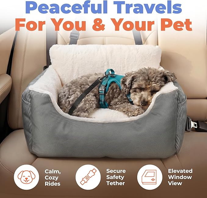 Best Pet Supplies Elevated Dog Car Seat for Small Dogs, Booster Seat with Safety Tether & Storage, Washable Travel Pet Seat for Front or Back Seat, Up to 25 lbs - Gray - 21 x 20 x 14