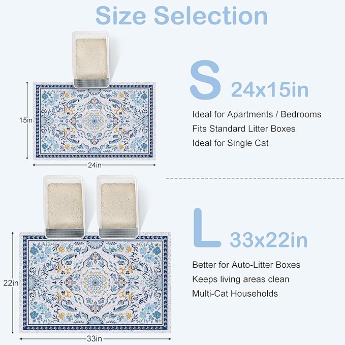 Cat Litter Mat Trapping Rug 33"x22", Large Litter Box Mat for Floor, Non-Slip Waterproof Backing, Soft Mesh Easy to Clean Pet Mat for Cat, Blue Yellow