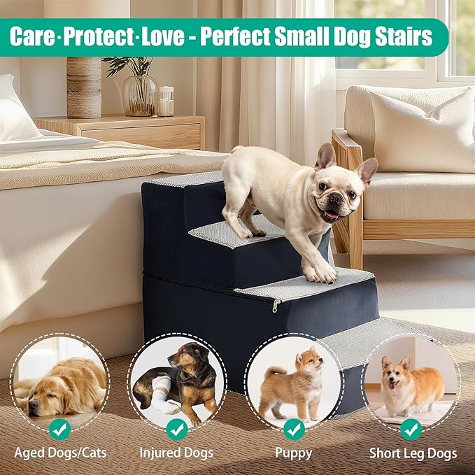 Dog Stairs for Small Dogs and Cats, Dogs Stairs for Bed, 4-Step Dog Ramp, Non-Slip Sturdy Pet Steps