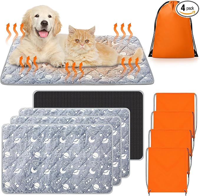 Riakrum 4 Pack Self Warming Cat Mat Heating Cat Bed 24" x 18" Thermal Dog Self Warming Pad Pet Heating Pad Non Slip Bottom Washable with Storage Bag for Indoor Outdoor Kitten Pet(24 x 35 Inches)